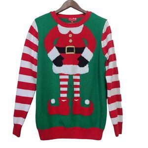 To be Jolly Womens Ugly Christmas Sweater Elf Striped Sleeves Holiday Sz Large